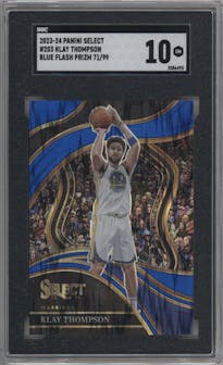 Klay Thompson from the 2023-24 Panini Select  set featuring a Blue Flash parallel graded by SGC and given an overall grade of 10.