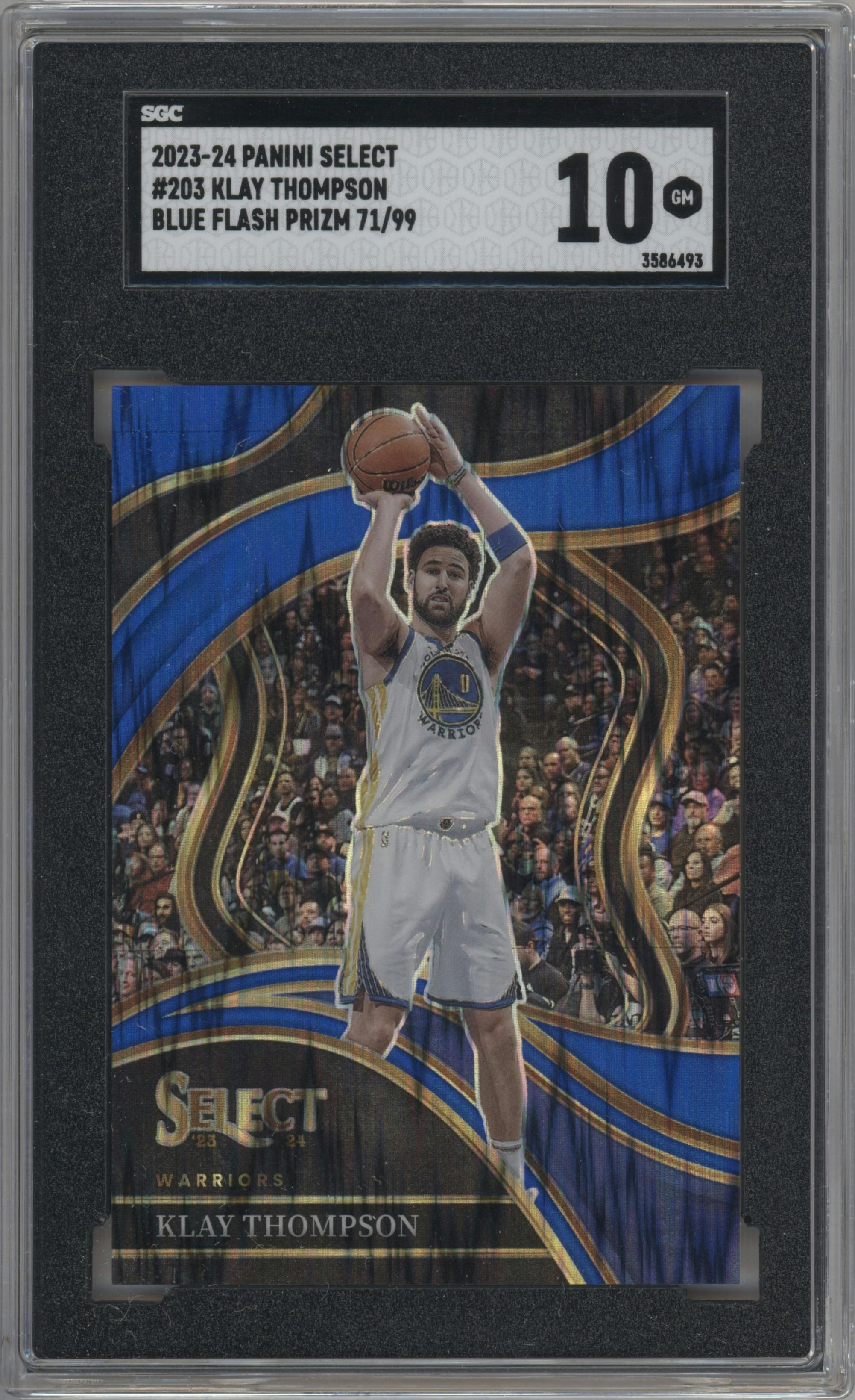 Klay Thompson from the 2023-24 Panini Select  set featuring a Blue Flash parallel graded by SGC and given an overall grade of 10.