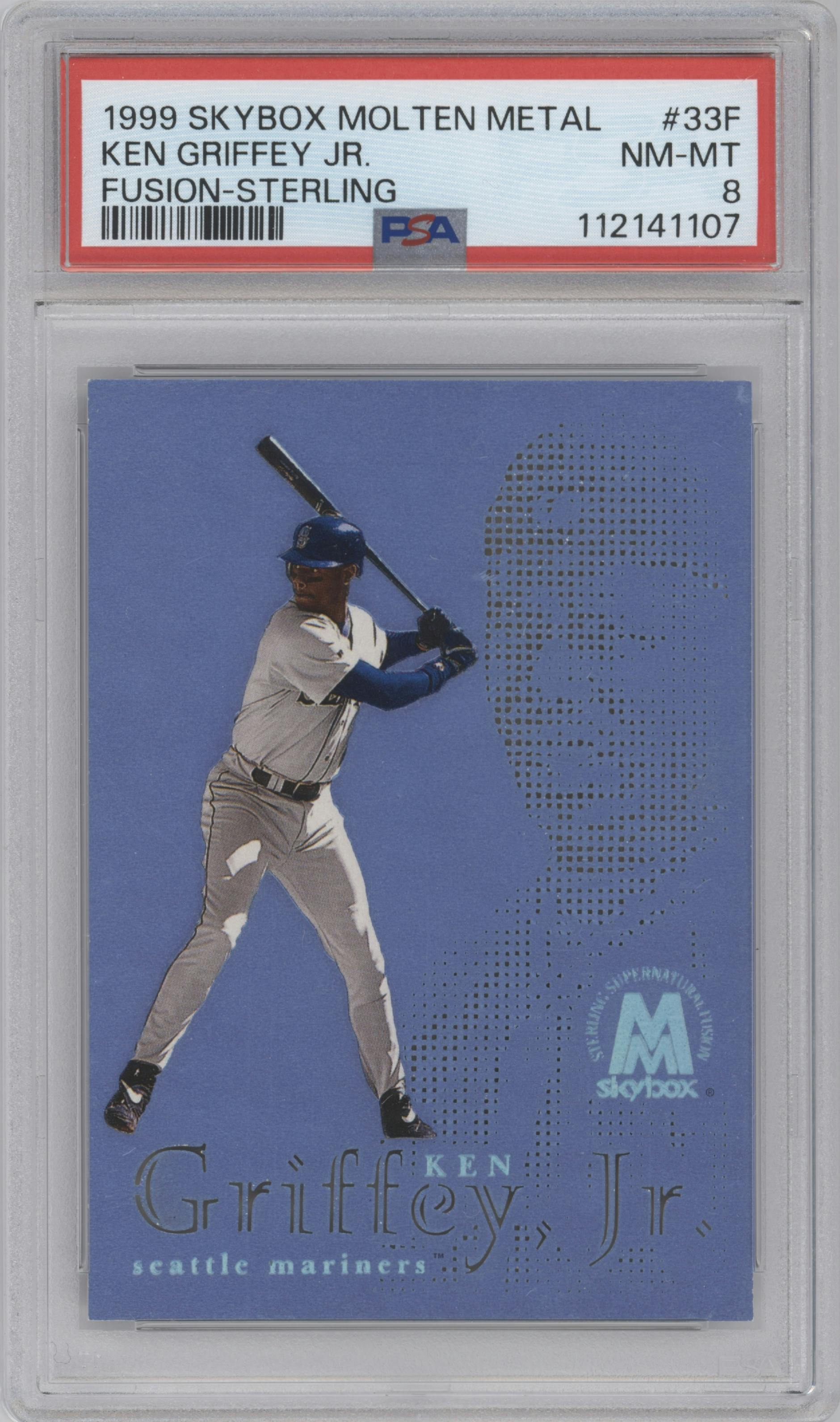 Ken Griffey Jr. from the 1999 Skybox Molten Metal set featuring a Sterling parallel graded by PSA and given an overall grade of 8.