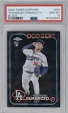 Yoshinobu Yamamoto from the 2024 Topps Chrome Sapphire set featuring a Black Sapphire parallel graded by PSA and given an overall grade of 10.