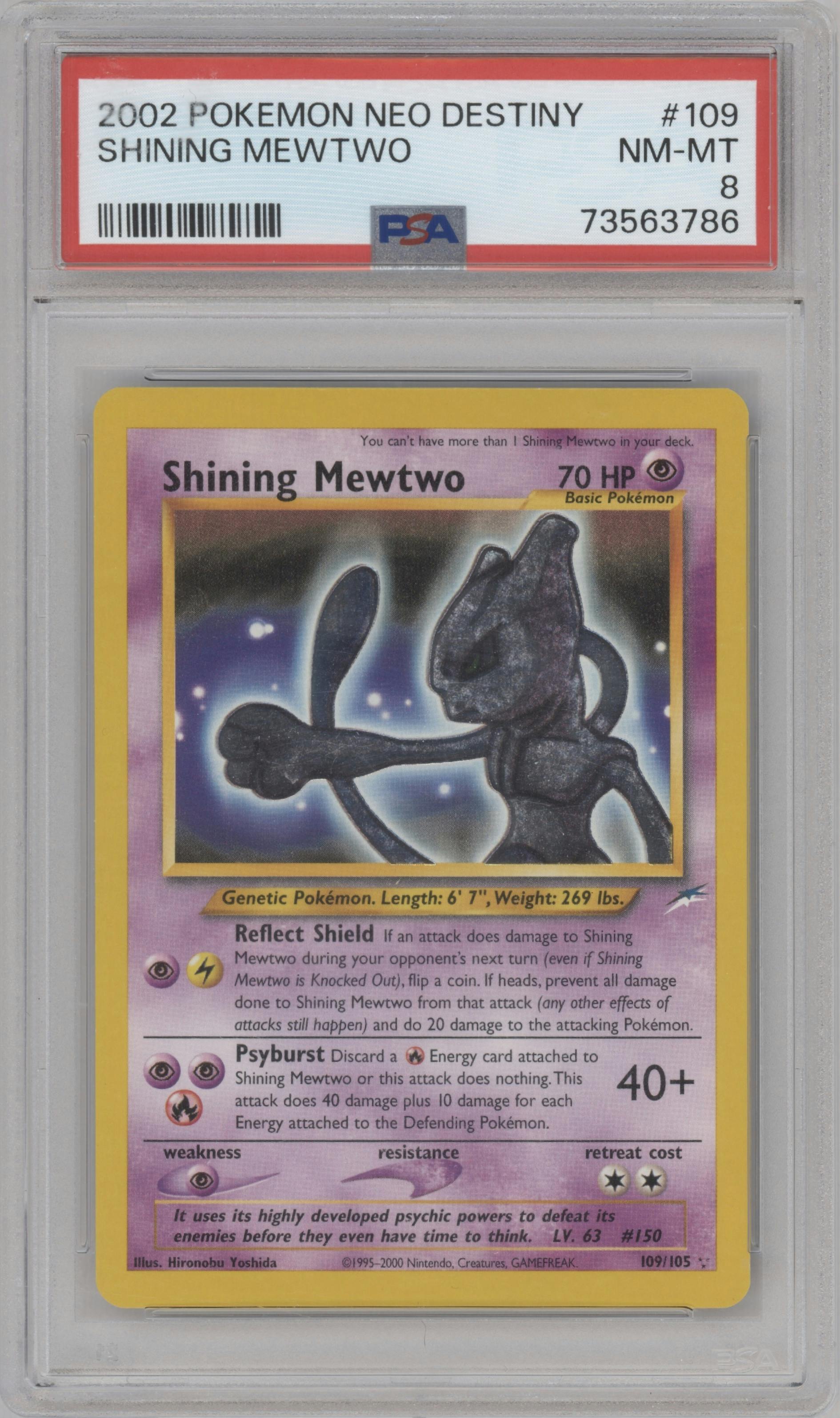 Shining Mewtwo from the 2002 Pokemon Neo Genesis set graded by PSA and given an overall grade of 8.