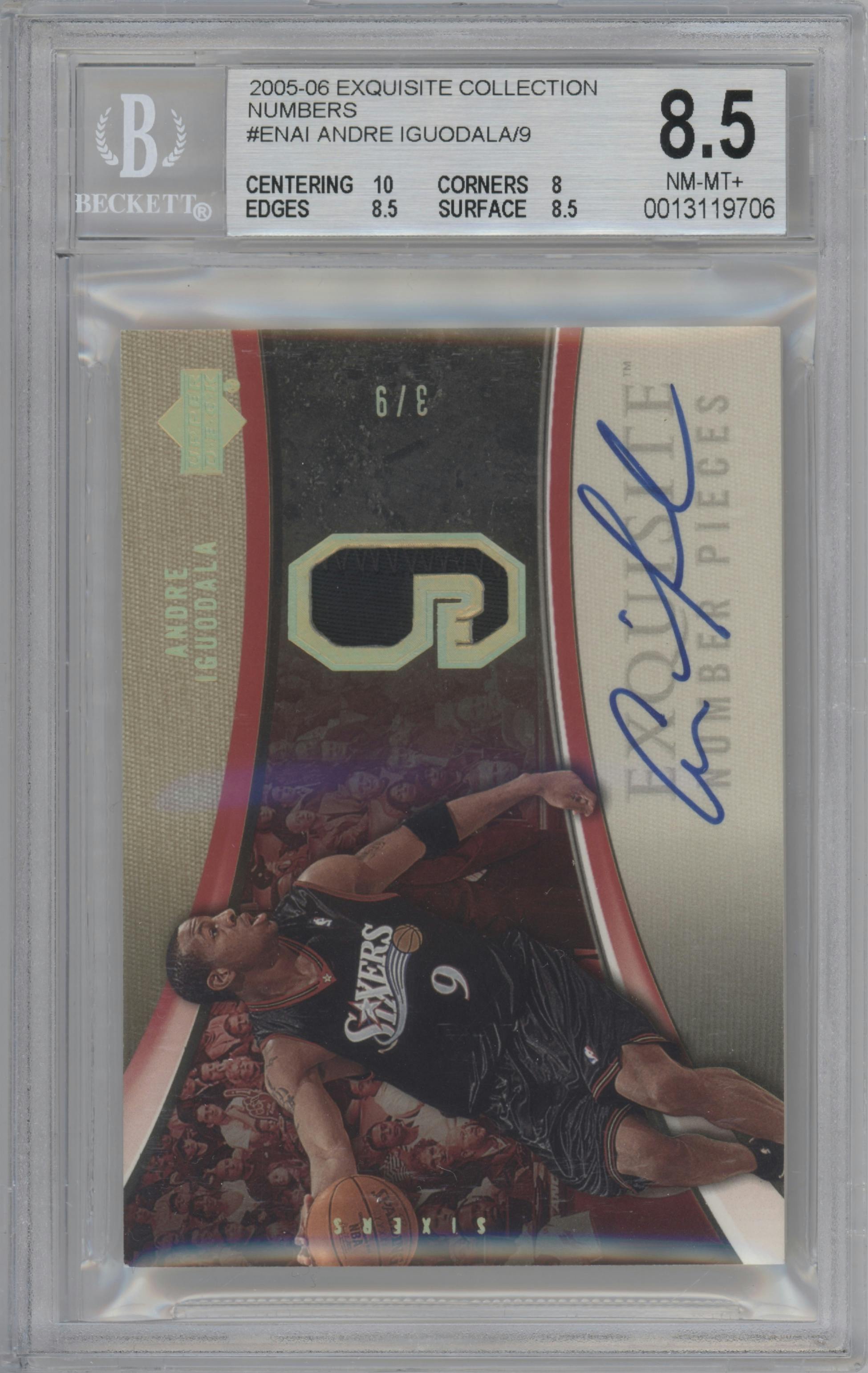 Andre Iguodala from the 2005-06 Upper Deck Exquisite Collection  set graded by Beckett and given an overall grade of 8.5.