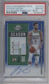 Jayson Tatum from the 2020-21 Panini Contenders Optic set featuring a Blue parallel graded by PSA and given an overall grade of 10.