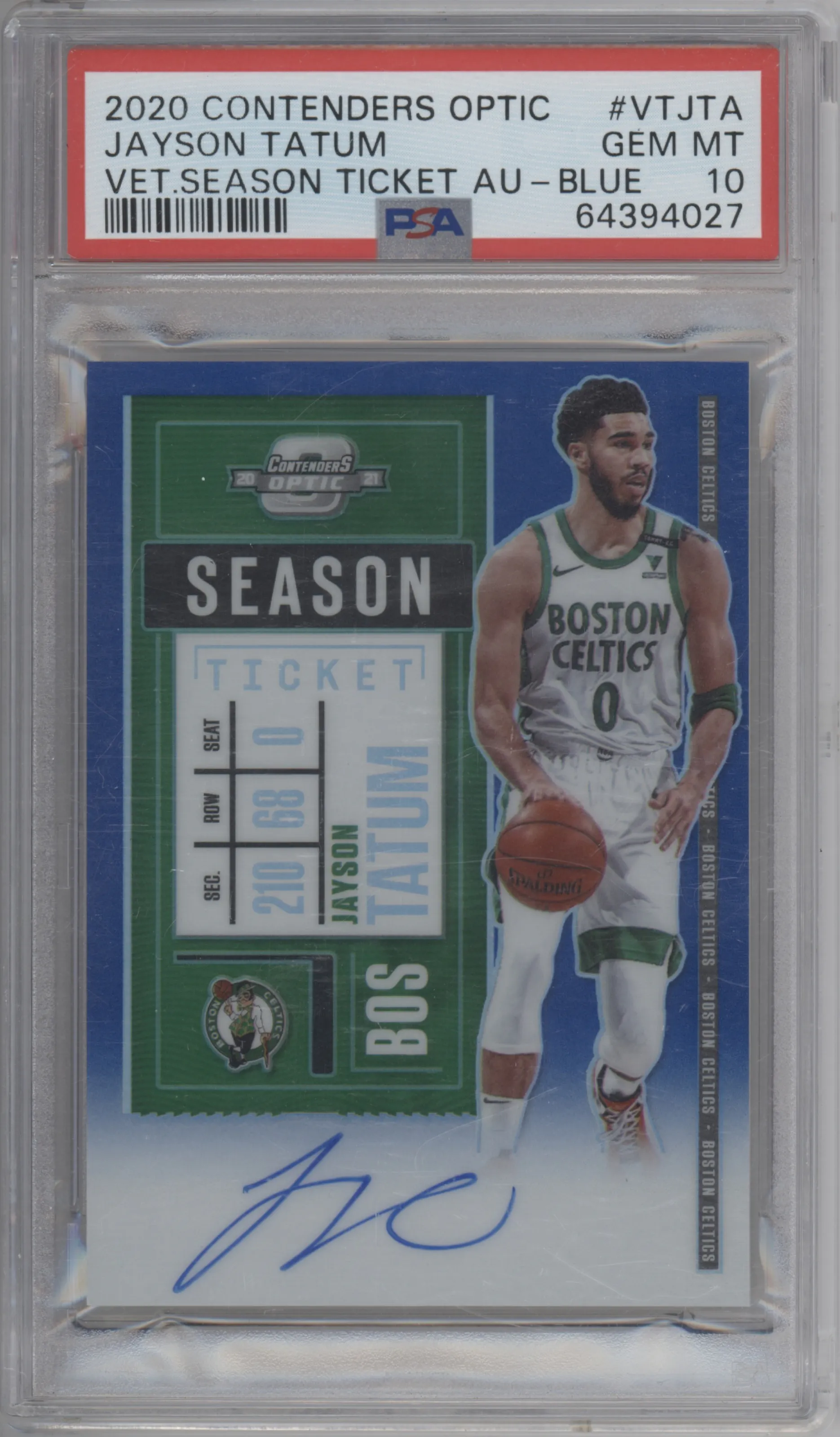 2020 Panini Contenders Optic Vet.Tkt.Auto Jayson Tatum Blue #VT-JTA PSA 10