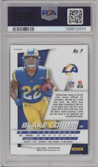 Blake Corum from the 2024 Panini Prizm set graded by PSA and given an overall grade of 9.