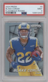 Blake Corum from the 2024 Panini Prizm set graded by PSA and given an overall grade of 9.