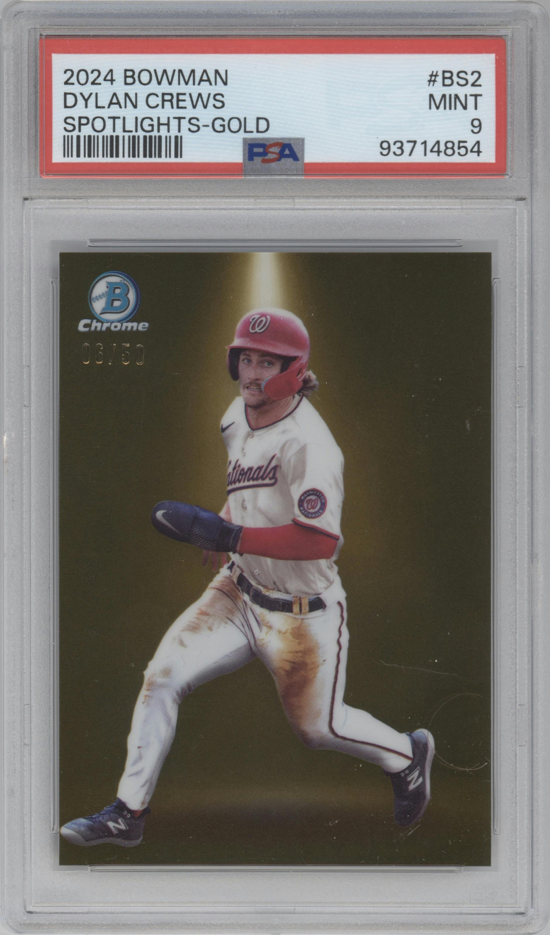 Dylan Crews from the 2024 Bowman set featuring a Gold Refractors parallel graded by PSA and given an overall grade of 9.