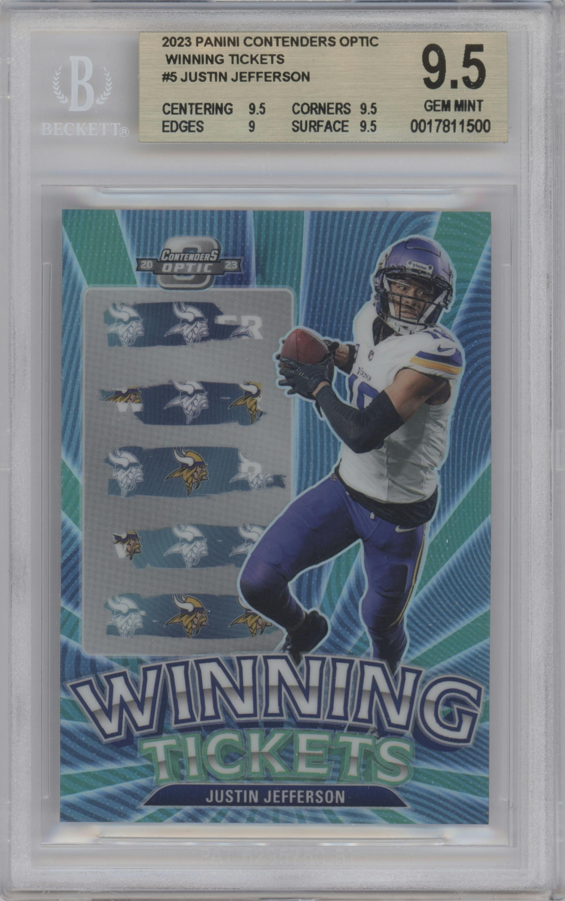 Justin Jefferson from the 2023 Panini Contenders Optic set graded by Beckett and given an overall grade of 9.5.