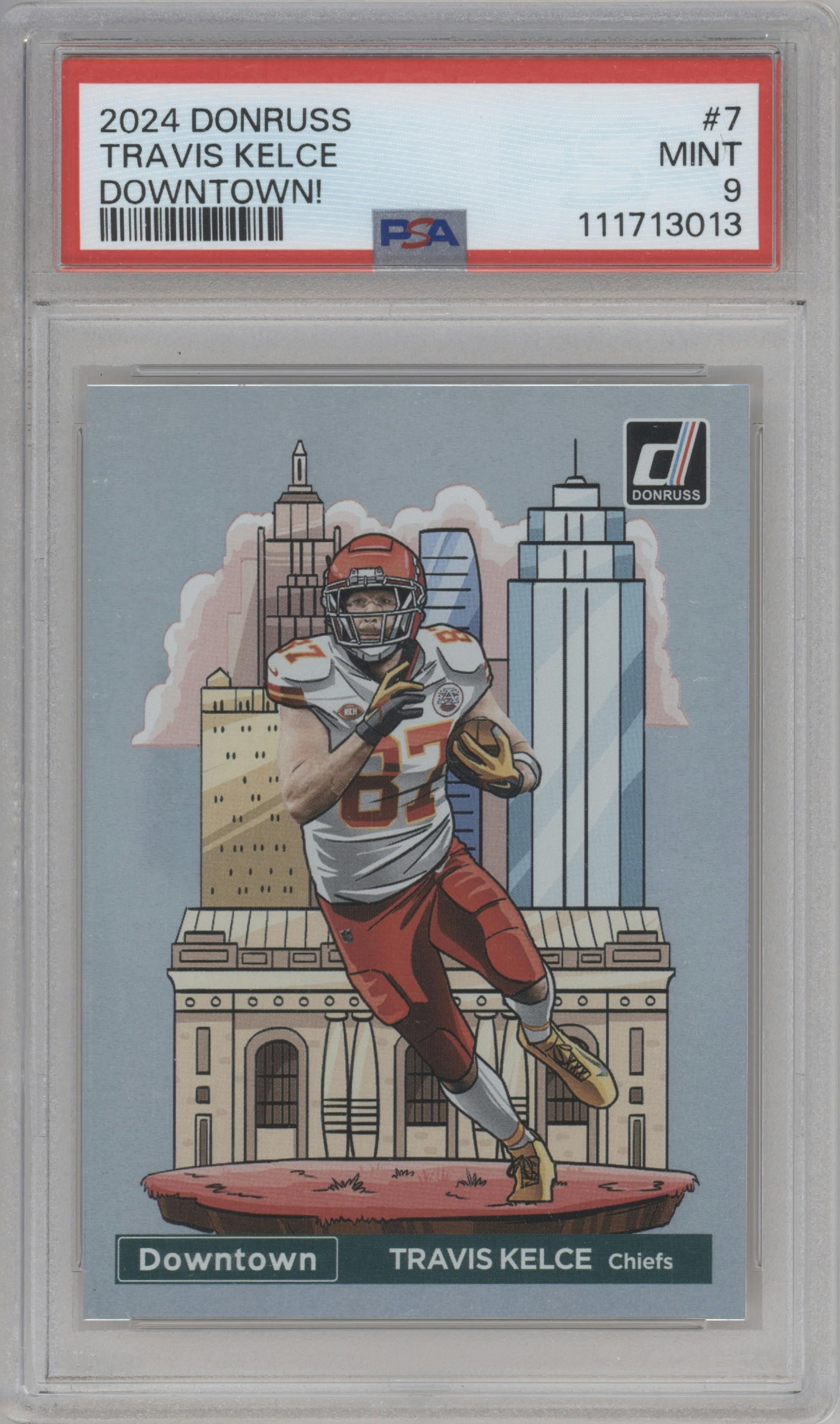 Travis Kelce from the 2024 Donruss set graded by PSA and given an overall grade of 9.