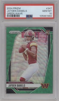 Jayden Daniels from the 2024 Panini Prizm set featuring a Green Wave parallel graded by PSA and given an overall grade of 10.
