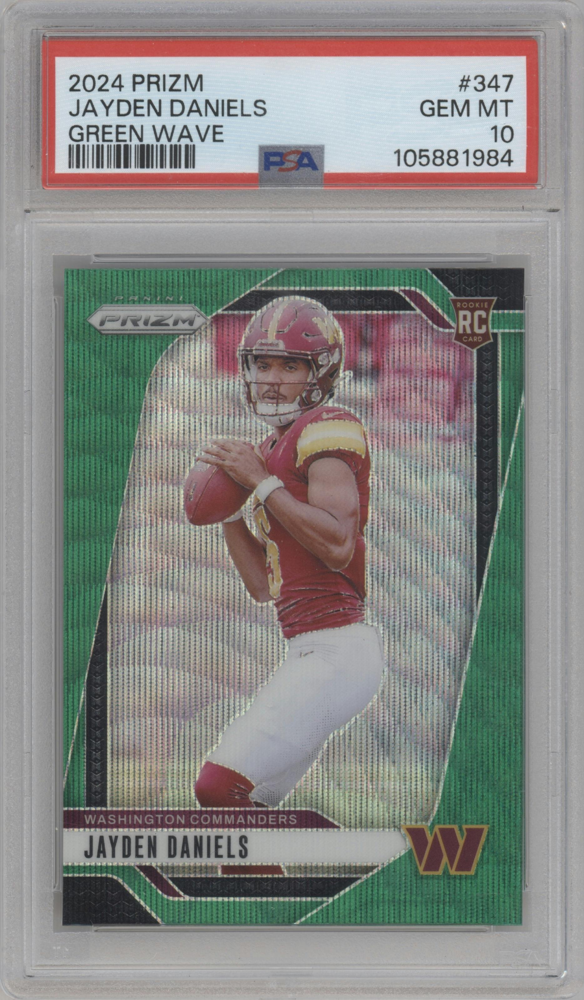Jayden Daniels from the 2024 Panini Prizm set featuring a Green Wave parallel graded by PSA and given an overall grade of 10.
