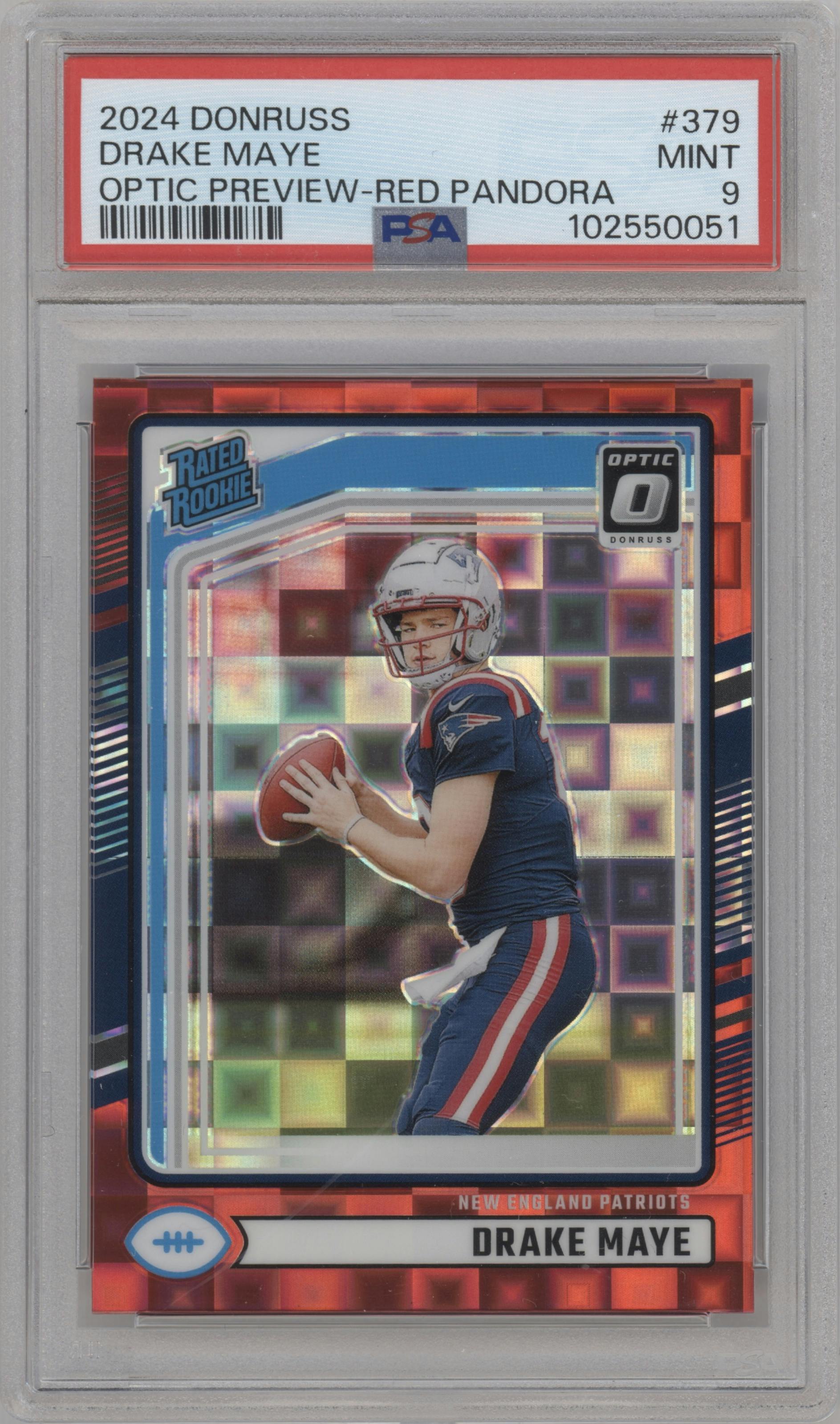 Drake Maye from the 2024 Donruss set featuring a Red Pandora parallel graded by PSA and given an overall grade of 9.