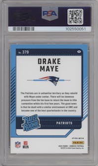 Drake Maye from the 2024 Donruss set featuring a Red Pandora parallel graded by PSA and given an overall grade of 9.