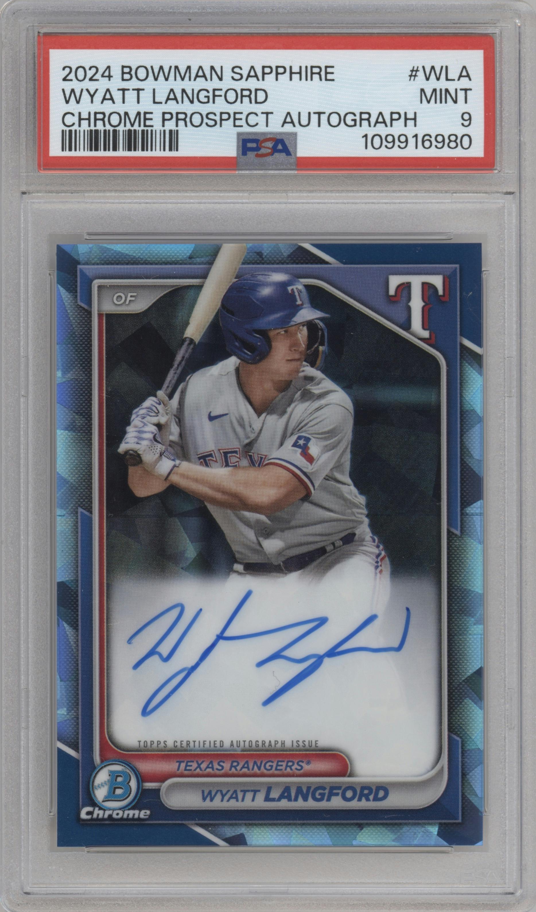 Wyatt Langford from the 2024 Bowman Sapphire Edition set graded by PSA and given an overall grade of 9.