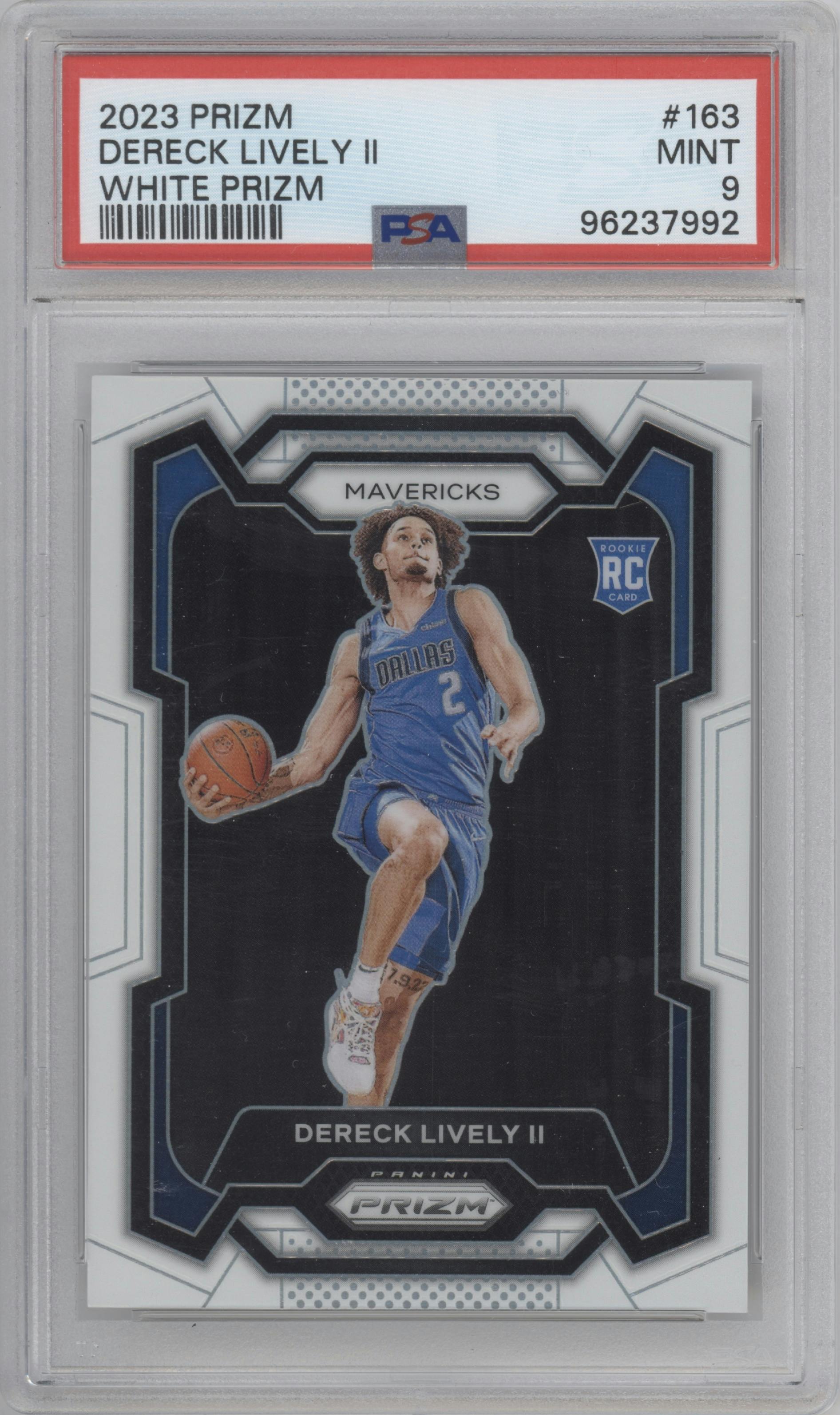 Dereck Lively II from the 2023-24 Panini Prizm set featuring a White Prizm parallel graded by PSA and given an overall grade of 9.