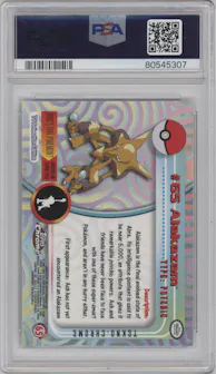 Alakazam from the 2000 Topps Chrome set featuring a Tekno  parallel graded by PSA and given an overall grade of 10.
