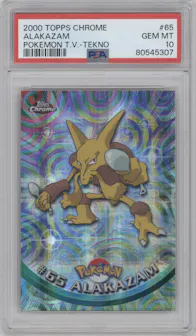 Alakazam from the 2000 Topps Chrome set featuring a Tekno  parallel graded by PSA and given an overall grade of 10.