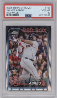 Wilyer Abreu from the 2024 Topps Chrome set featuring a Raywave Refractor parallel graded by PSA and given an overall grade of 10.