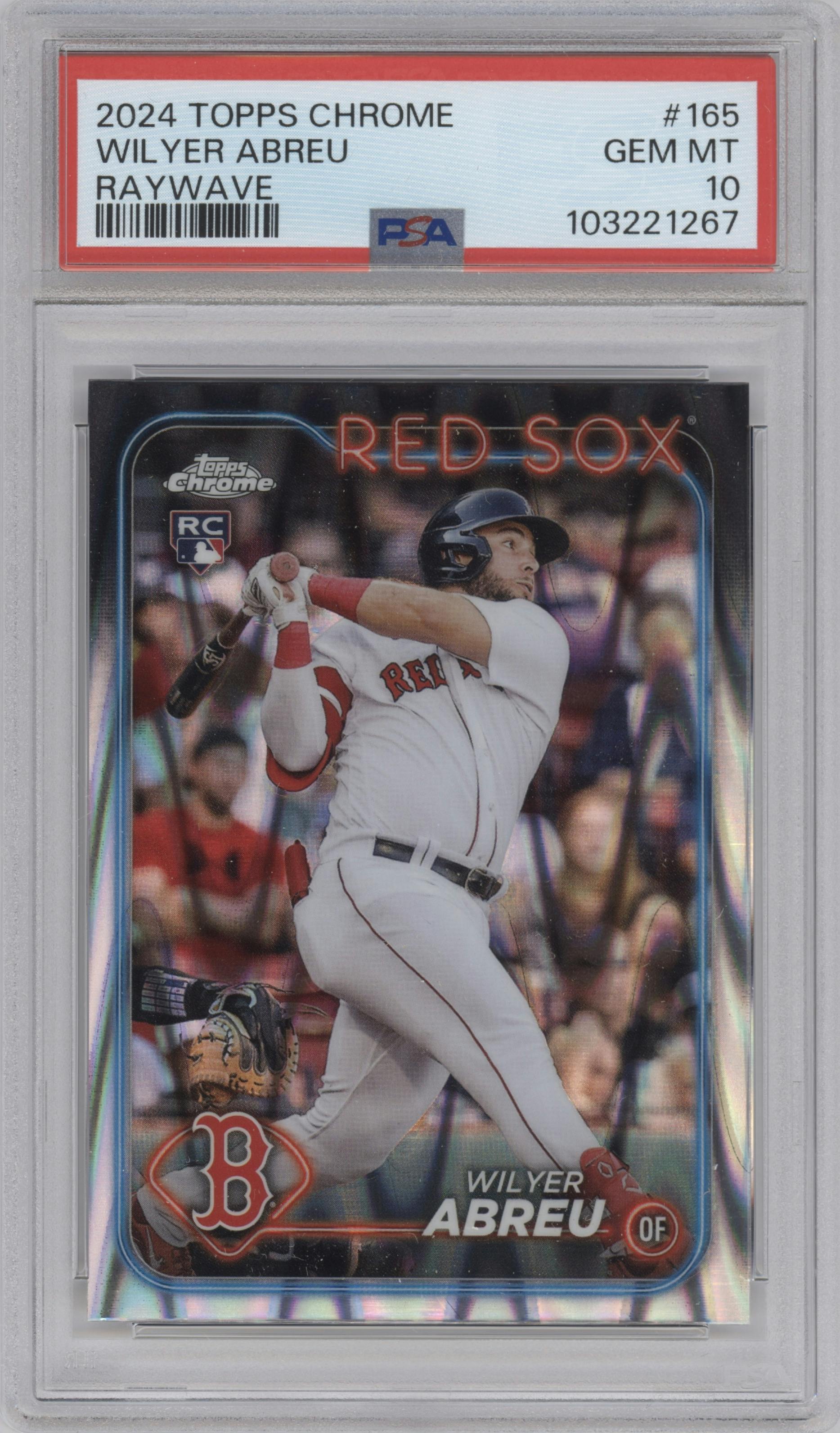 Wilyer Abreu from the 2024 Topps Chrome set featuring a Raywave Refractor parallel graded by PSA and given an overall grade of 10.