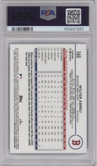 Wilyer Abreu from the 2024 Topps Chrome set featuring a Raywave Refractor parallel graded by PSA and given an overall grade of 10.