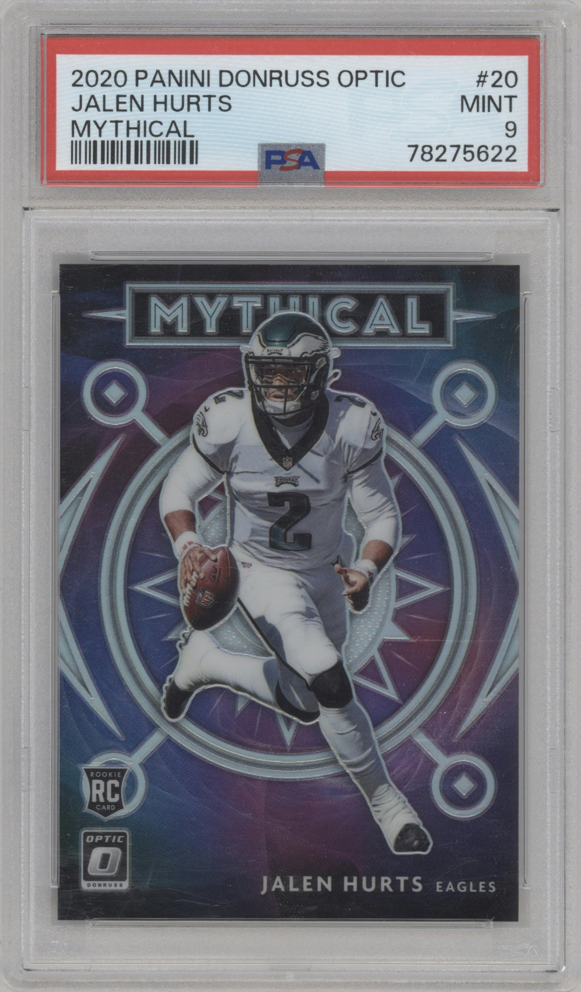 Jalen Hurts from the 2020 Panini Donruss Optic set graded by PSA and given an overall grade of 9.