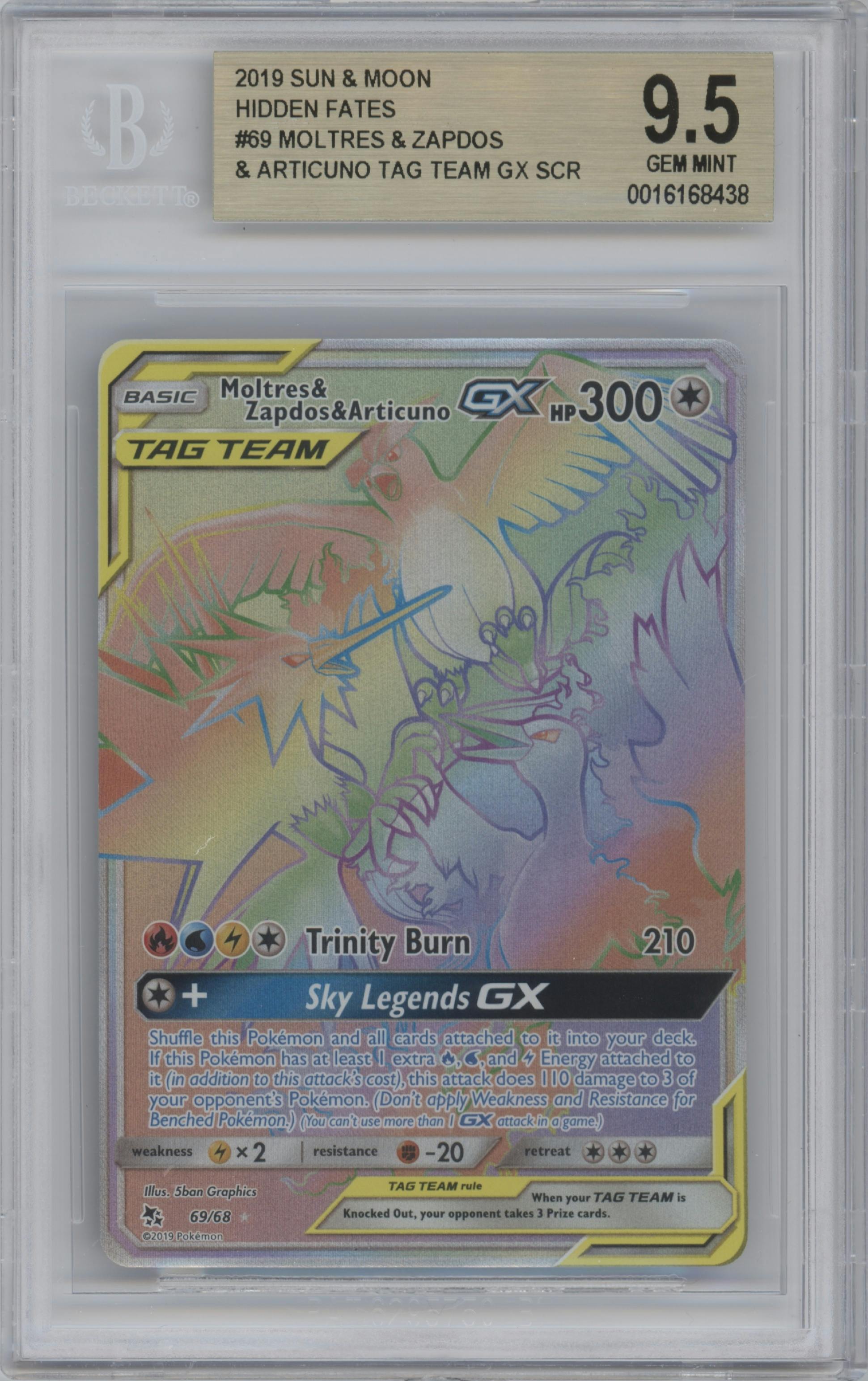 Moltres & Zapdos & Articuno GX from the 2019 Pokemon S&M  set graded by Beckett and given an overall grade of 9.5.
