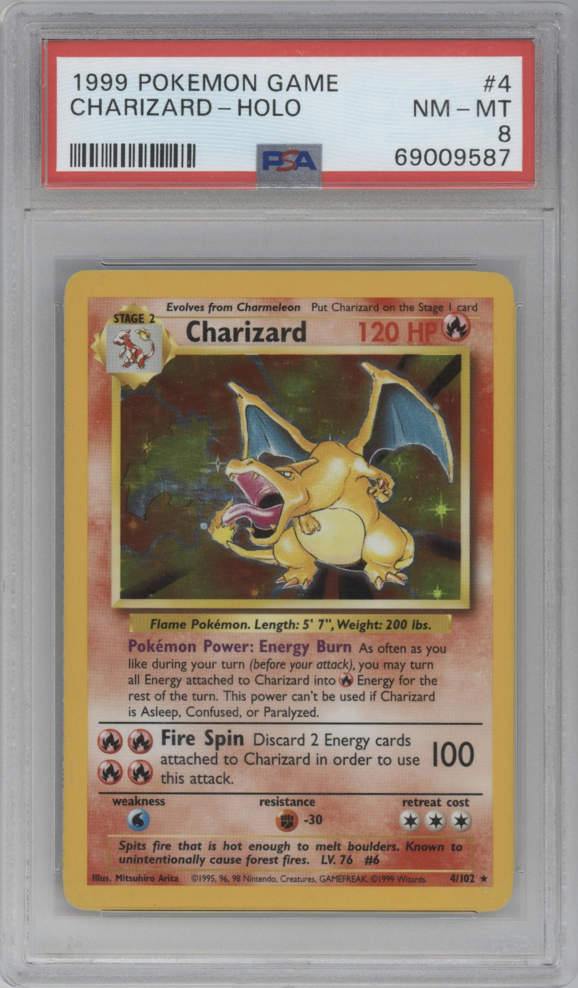 Charizard from the 1999 Pokemon set graded by PSA and given an overall grade of 8.