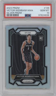 Victor Wembanyama from the 2023-24 Panini Prizm set featuring a Silver Prizm  parallel graded by PSA and given an overall grade of 10.