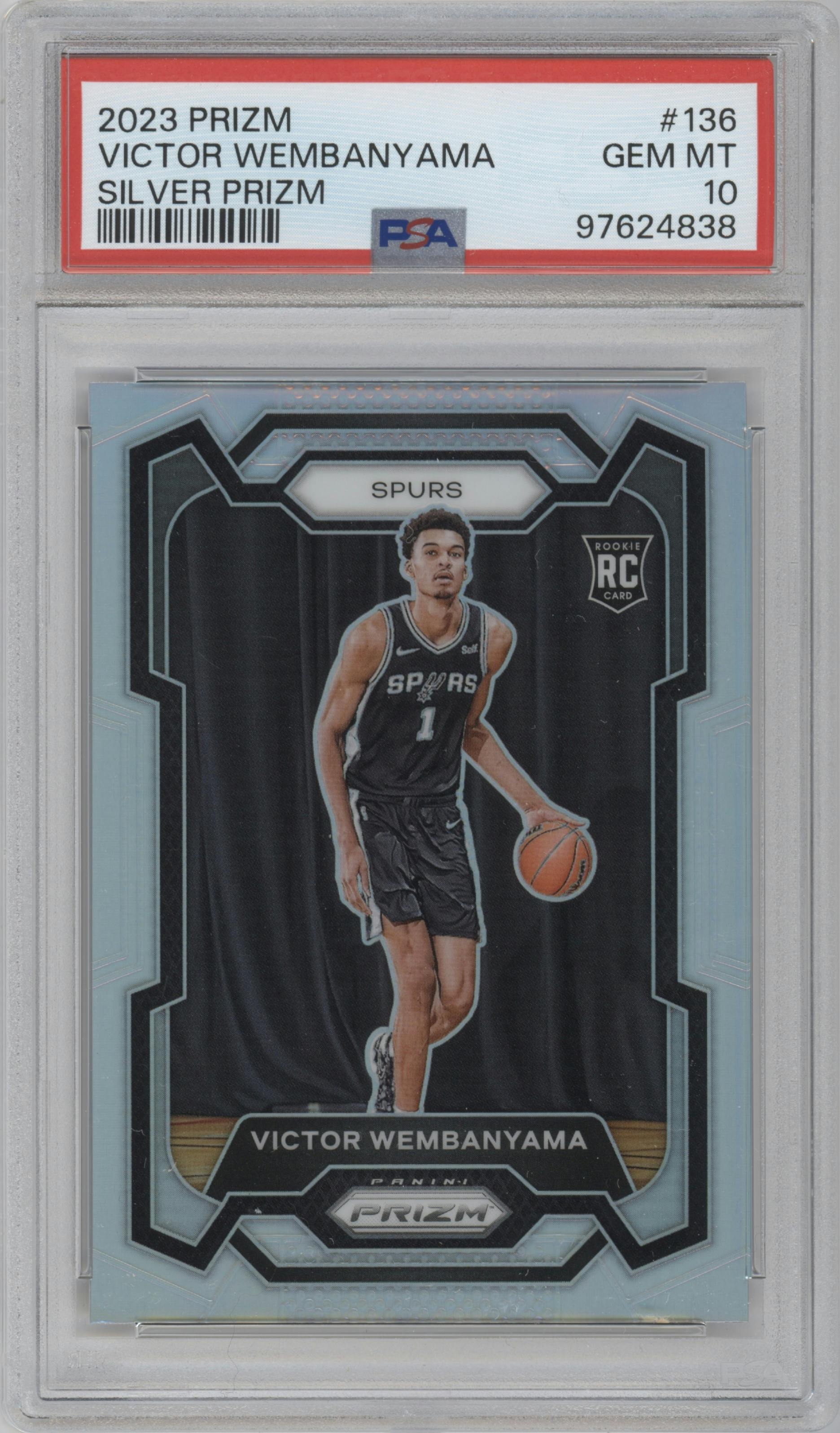 Victor Wembanyama from the 2023-24 Panini Prizm set featuring a Silver Prizm  parallel graded by PSA and given an overall grade of 10.