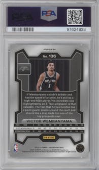 Victor Wembanyama from the 2023-24 Panini Prizm set featuring a Silver Prizm  parallel graded by PSA and given an overall grade of 10.