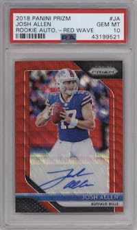 Josh Allen from the 2018 Panini Prizm set featuring a Red Wave Prizm parallel graded by PSA and given an overall grade of 10.