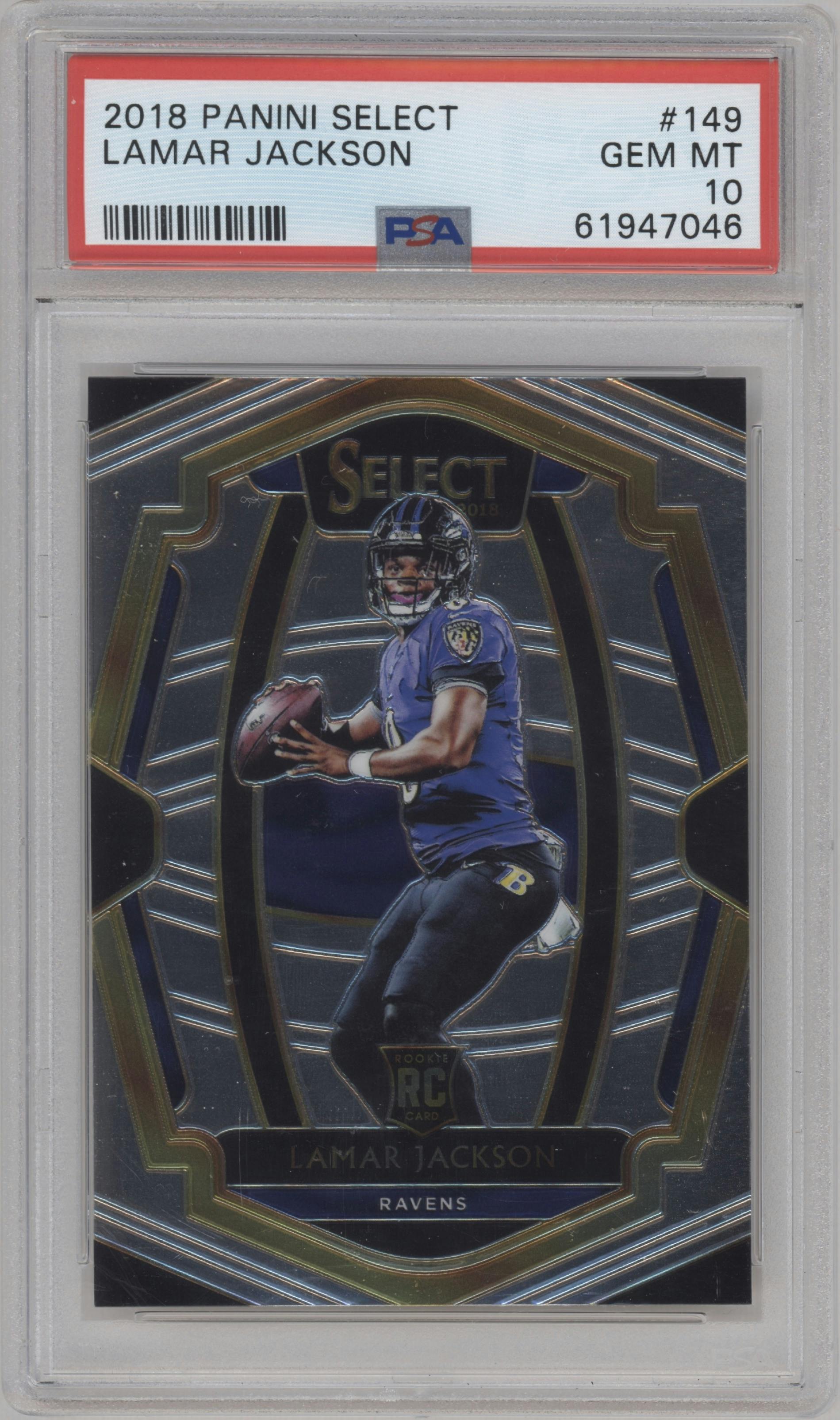 Lamar Jackson from the 2018 Panini Select set graded by PSA and given an overall grade of 10.