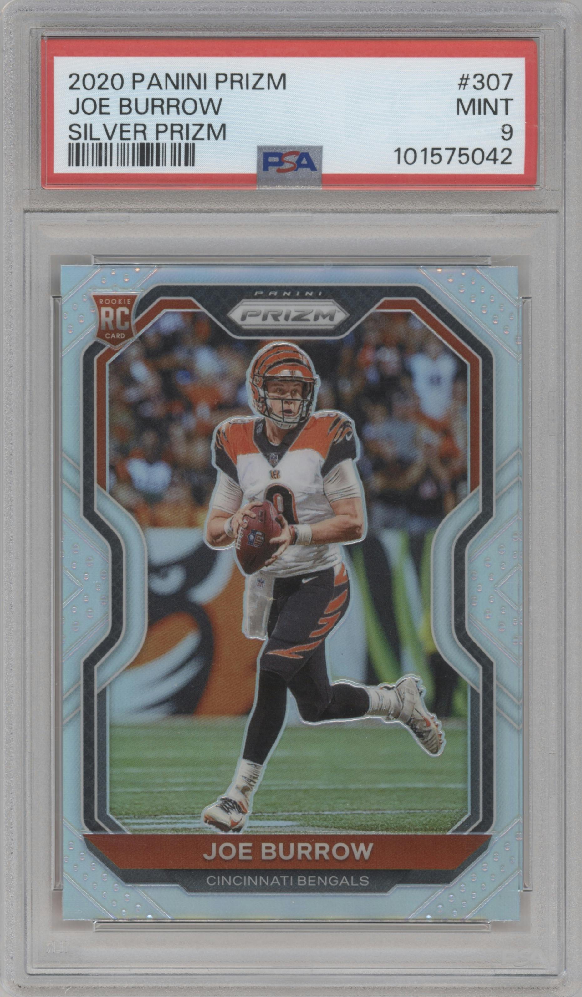 Joe Burrow from the 2020 Panini Prizm set featuring a Silver Prizm parallel graded by PSA and given an overall grade of 9.