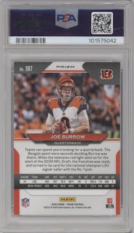 Joe Burrow from the 2020 Panini Prizm set featuring a Silver Prizm parallel graded by PSA and given an overall grade of 9.