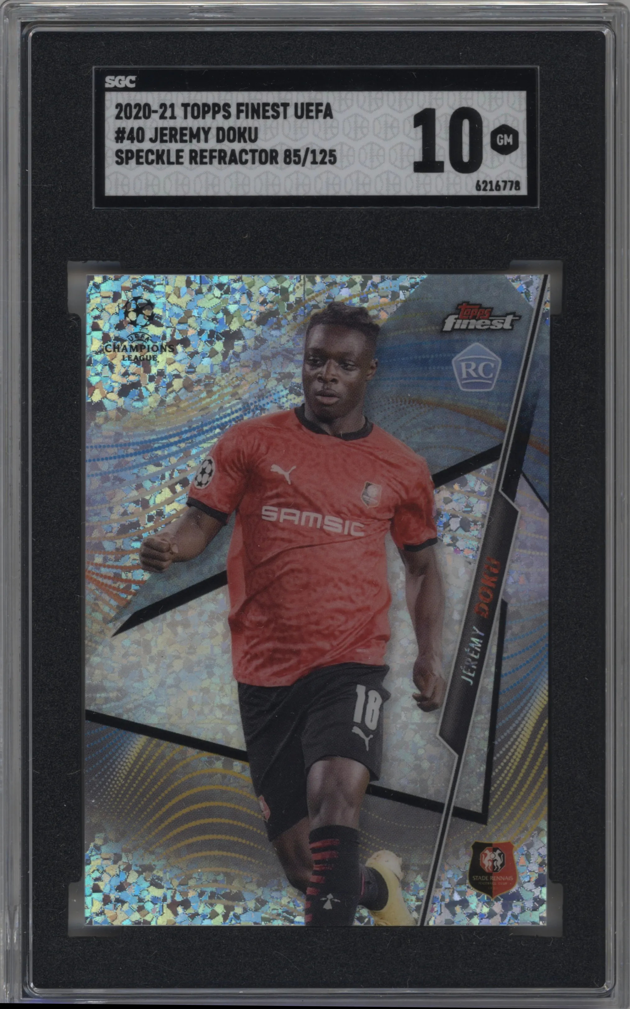 2020 Topps Finest UEFA Champions League Jeremy Doku Speckle Refractor #40 SGC 10
