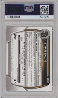 Ethan Salas from the 2023 Bowman Chrome Mega Box set graded by PSA and given an overall grade of 10.