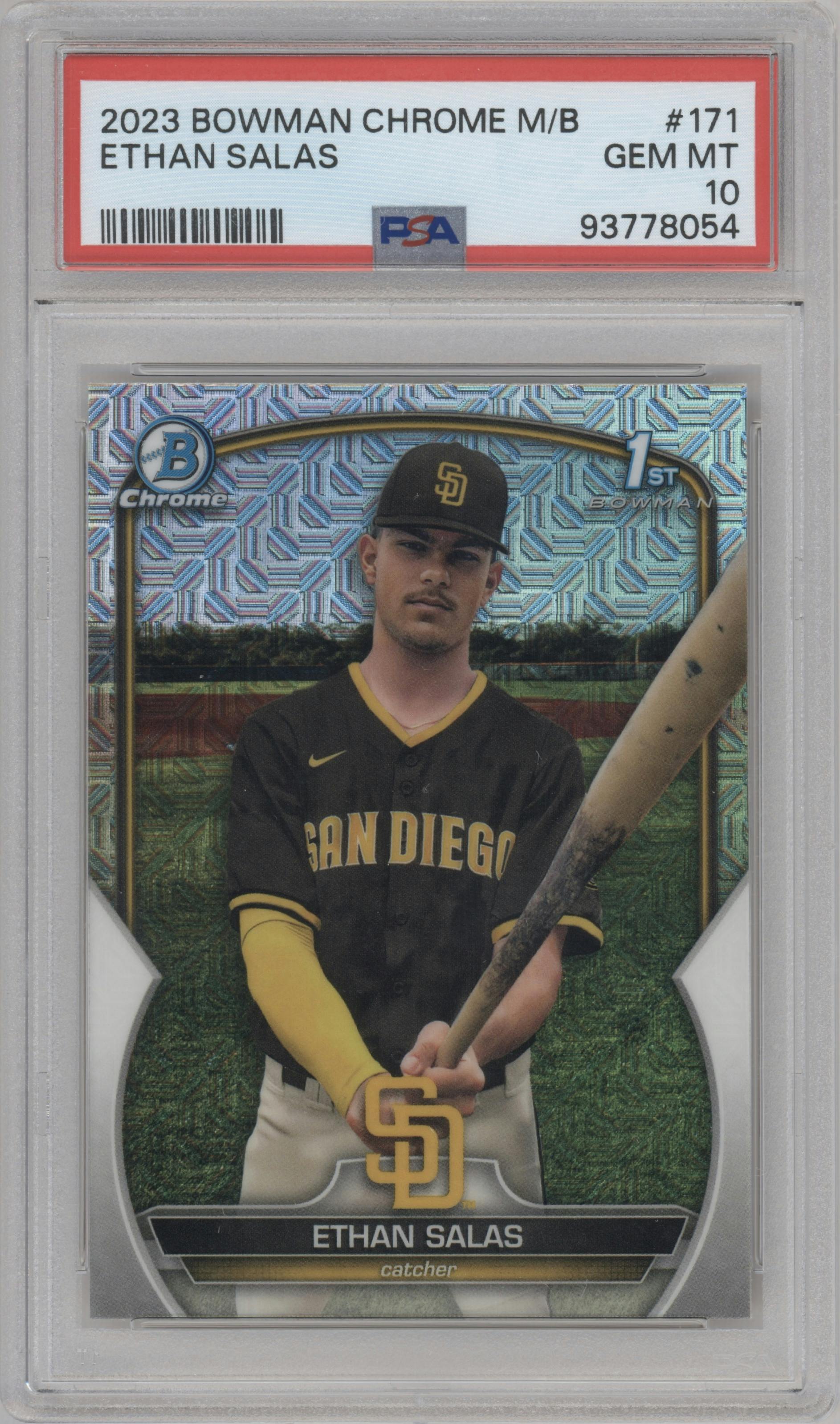 Ethan Salas from the 2023 Bowman Chrome Mega Box set graded by PSA and given an overall grade of 10.