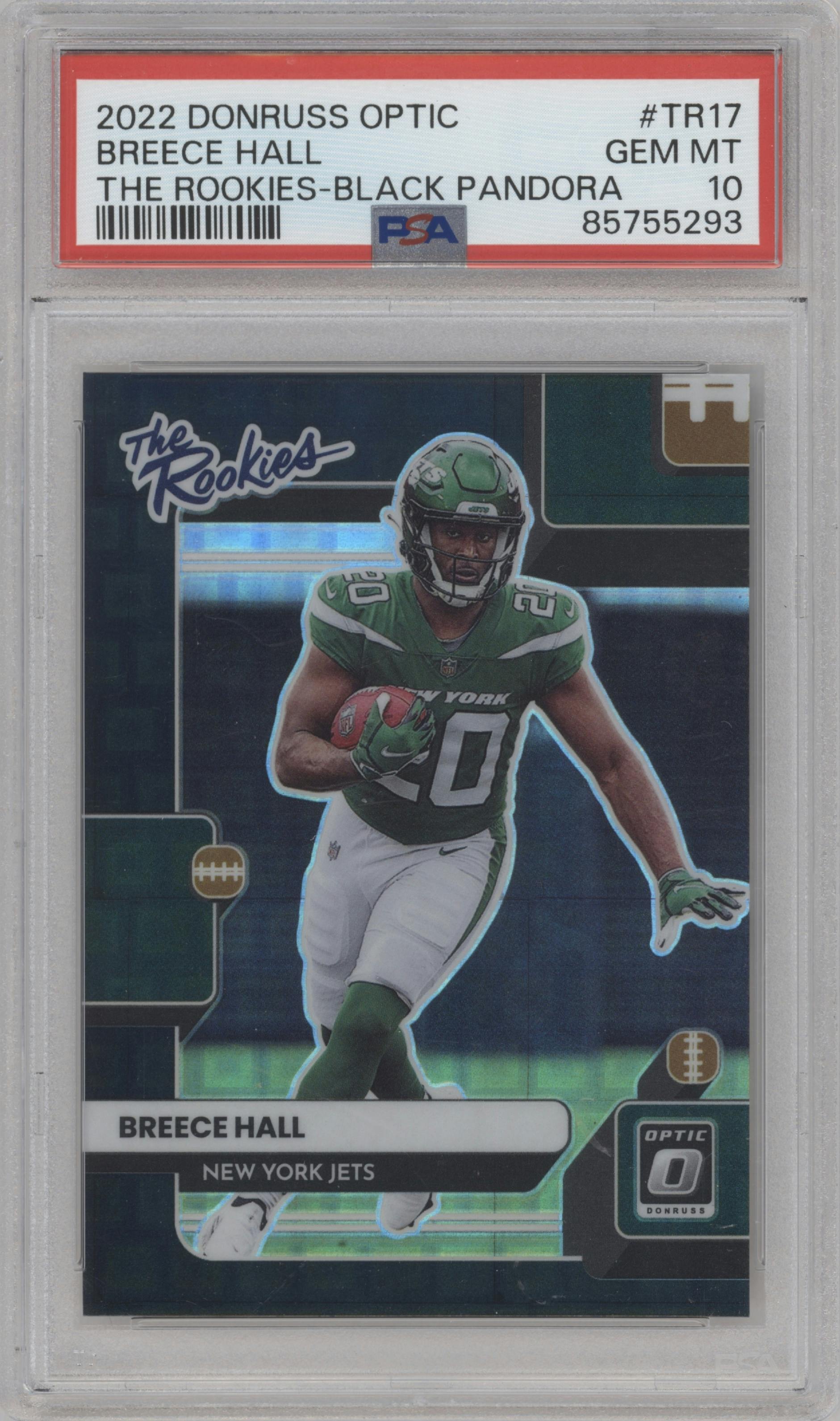 Breece Hall from the 2022 Panini Donruss Optic set featuring a Black Pandora parallel graded by PSA and given an overall grade of 10.