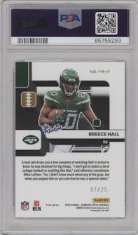 Breece Hall from the 2022 Panini Donruss Optic set featuring a Black Pandora parallel graded by PSA and given an overall grade of 10.