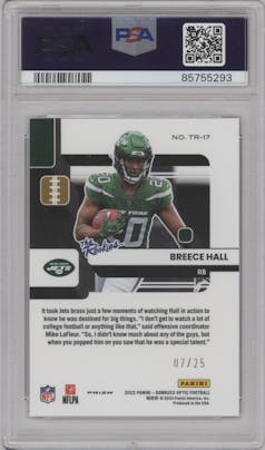 Breece Hall from the 2022 Panini Donruss Optic set featuring a Black Pandora parallel graded by PSA and given an overall grade of 10.