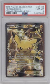 Pikachu EX from the 2016 Pokemon XY set featuring a Pikachu EX Red & Blue Collection parallel graded by PSA and given an overall grade of 8.