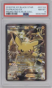Pikachu EX from the 2016 Pokemon XY set featuring a Pikachu EX Red & Blue Collection parallel graded by PSA and given an overall grade of 8.