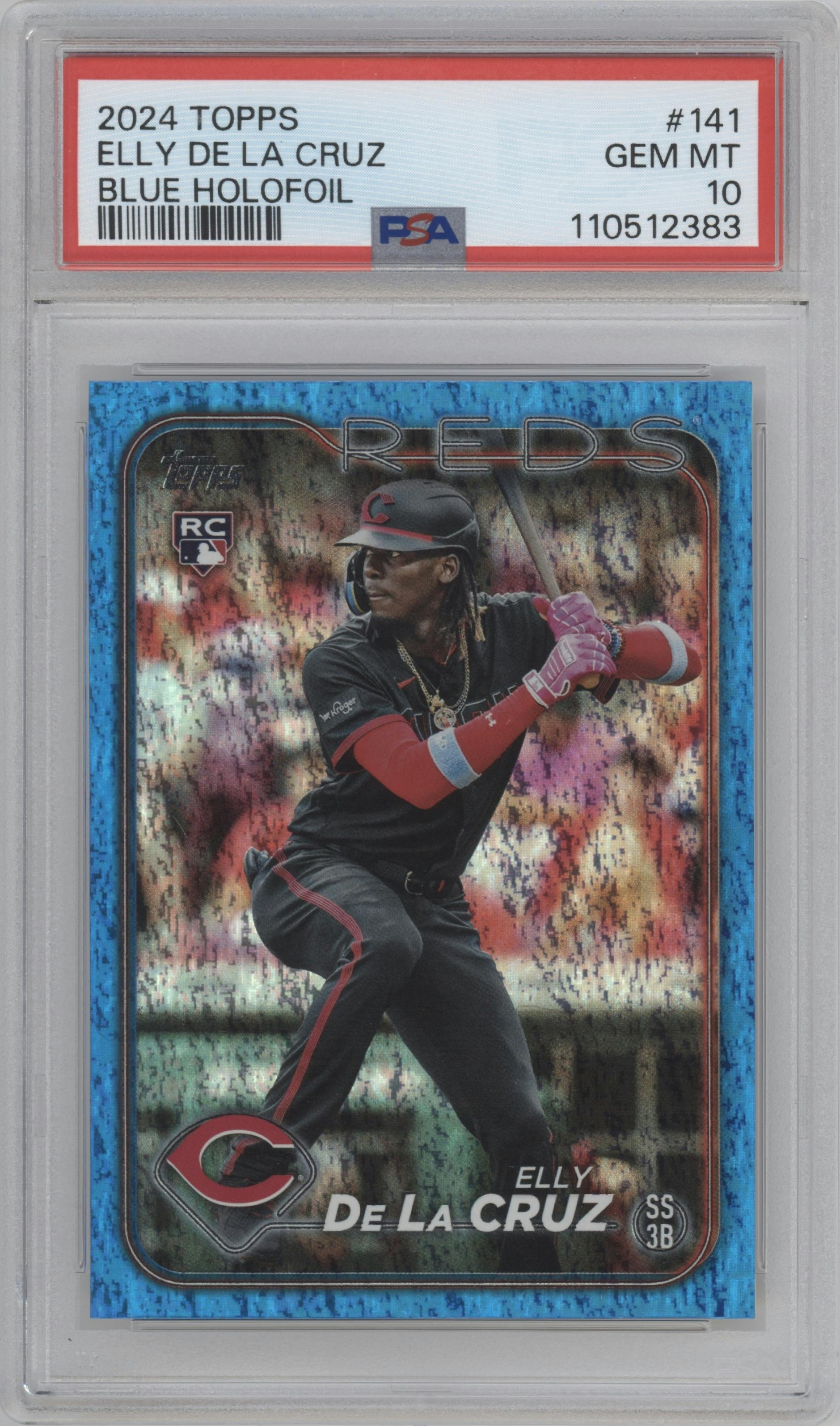 Elly De La Cruz from the 2024 Topps  set featuring a Blue Holofoil parallel graded by PSA and given an overall grade of 10.