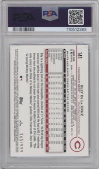Elly De La Cruz from the 2024 Topps  set featuring a Blue Holofoil parallel graded by PSA and given an overall grade of 10.