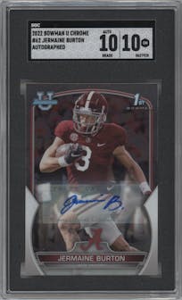 Jermaine Burton from the 2022 Bowman University Chrome set graded by SGC and given an overall grade of 10.