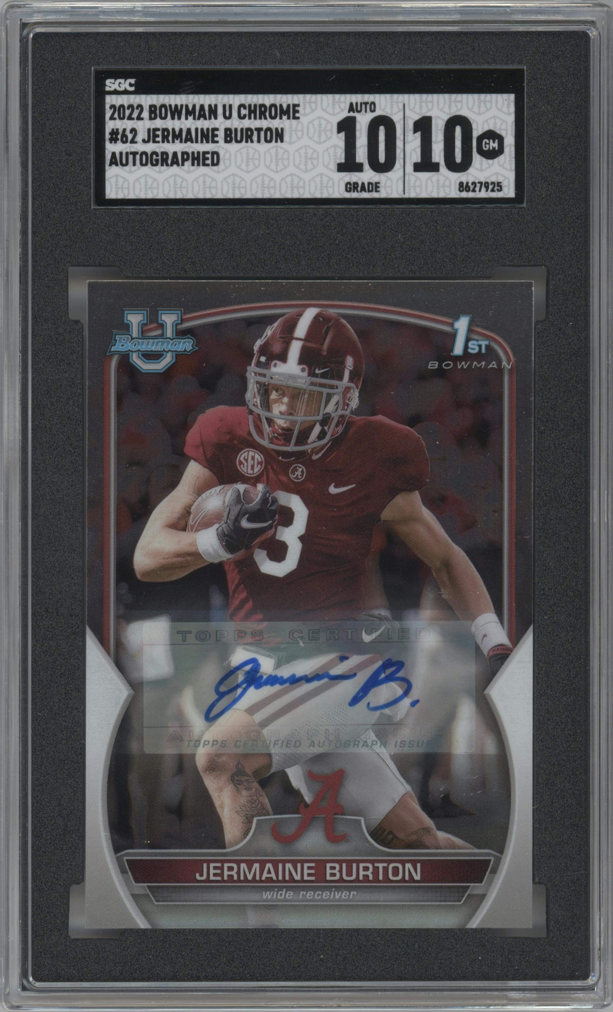 Jermaine Burton from the 2022 Bowman University Chrome set graded by SGC and given an overall grade of 10.