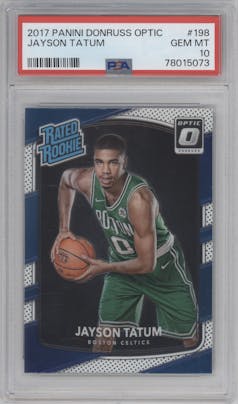 Jayson Tatum from the 2017-18 Panini Donruss Optic set graded by PSA and given an overall grade of 10.