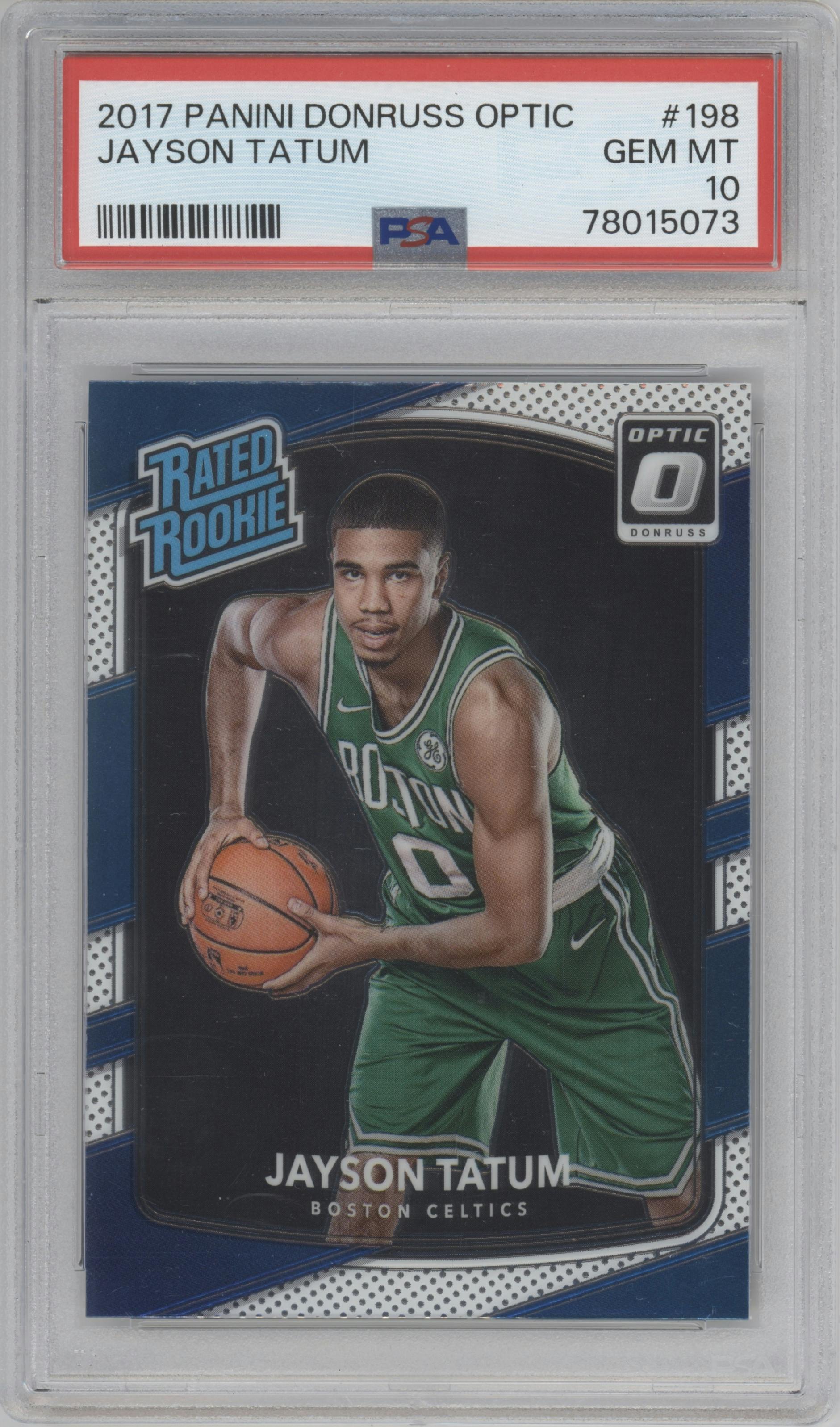 Jayson Tatum from the 2017-18 Panini Donruss Optic set graded by PSA and given an overall grade of 10.