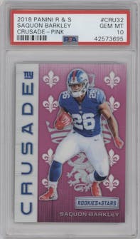 Saquon Barkley from the 2018 Panini Rookies & Stars set featuring a Pink parallel graded by PSA and given an overall grade of 10.