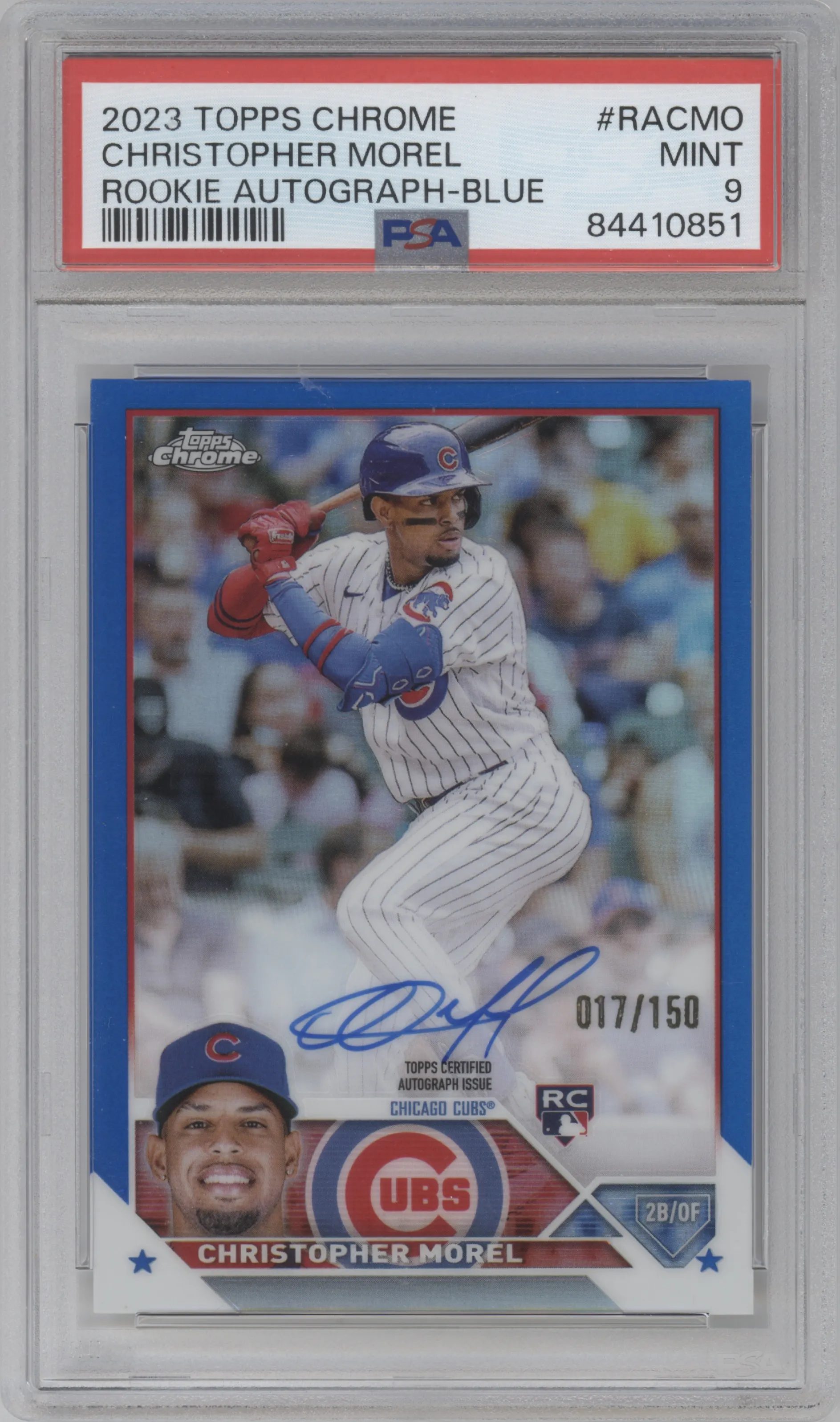 2023 Topps Chrome Rke.Auto Christopher Morel Blue Refractor PSA 9